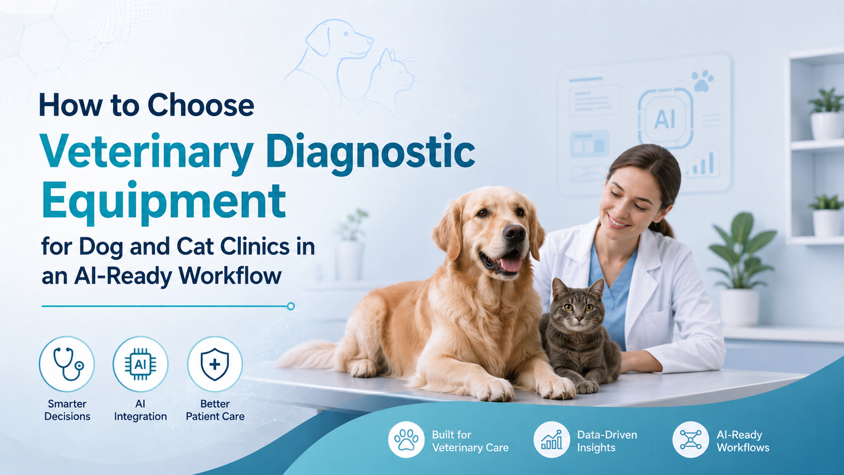 Veterinarian with dog and cat in an AI-ready clinic workflow for choosing veterinary diagnostic equipment