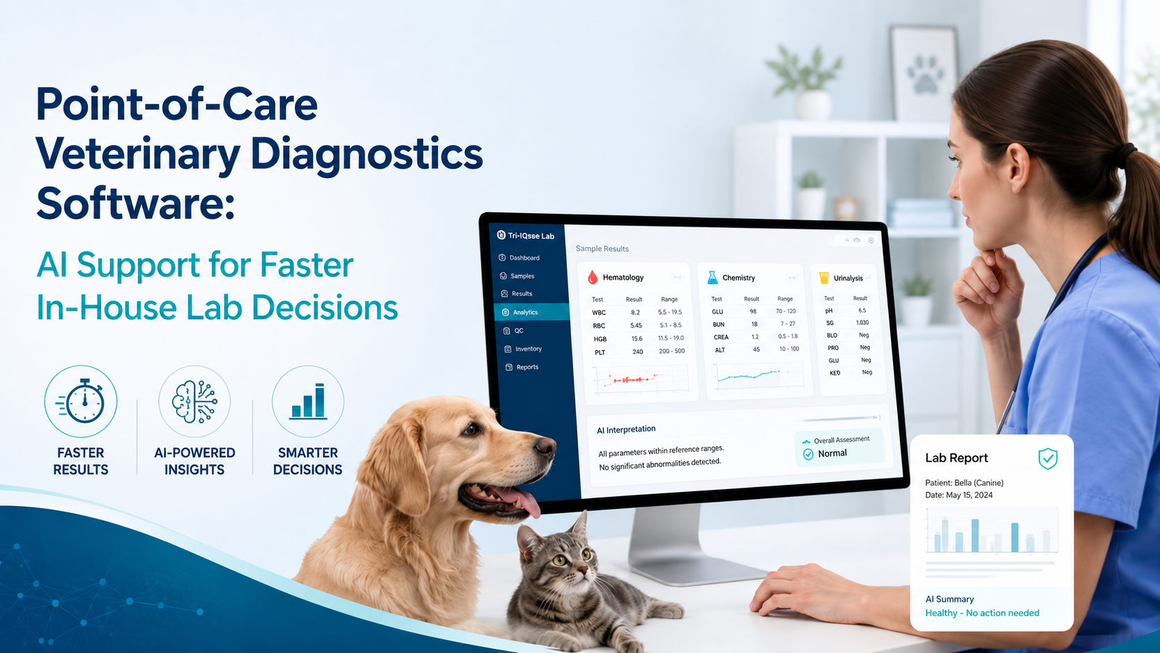Veterinarian reviewing AI-supported in-house lab results for faster dog and cat clinic decisions